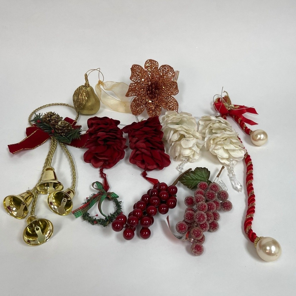 Variety of Christmas Ornaments Bells Flowers Fruits Grapes Cranberries Lot of 11